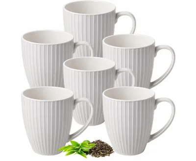 Zdjęcie produktu dla Zestaw 6 białych filiżanek do kawy o pojemności 360 ml – ceramiczny zestaw filiżanek do kawy i herbaty, wzór z żłobieniami, można myć w zmywarce