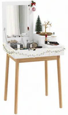 Image de Coiffeuse avec miroir table de maquillage style moderne - 2 tiroirs, miroir rabattable pour chambre š€ coucher, salon, 60 x 50 x 85,5 cm blanc