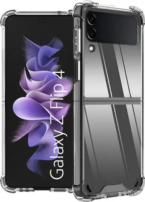 A clear protective phone case is shown on a white background, with a Samsung Galaxy Z Flip 4 phone inside.