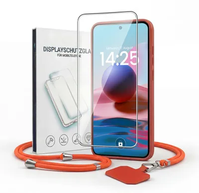 Produktbild von Handyhülle für Xiaomi Redmi Note 10 mit Handykette und 9H Displayglas Displayschutz Band Kordel Hülle Case Schutzhülle Rot