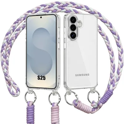 Image de Coque pour Samsung Galaxy S25, Protection Antichoc Rigide Transparent avec Cordon Blanc Violet