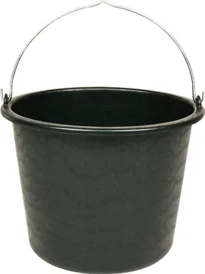 A black bucket with a metal handle is shown against a white background.