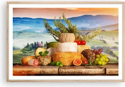 Produktbild von Gerahmtes Poster - Rahmen in heller Eiche - Toskana Käse Obst Italien - 91,5x61 cm - Wand Bild - Wanddeko - Wandbilder - Wandposter - Bilderrahmen - Bilder - Kunstdruck - Wandbild - P2NAA91x61-2902