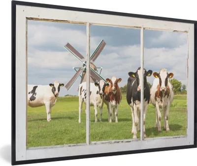 Produktbild von MuchoWow® MuchoWow® Gerahmtes Poster Ansicht - Kuh - Mühle 90x60 cm - Poster mit zchwarzem Bilderrahmen - Fotorahmen - Foto-Plakat