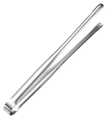 Produktbild von Lebensmittelzange mit gezahntem, verdicktem, lebensmittelechtem Griff aus poliertem Edelstahl – multifunktional, ideal für Küche, Haushalt und Bar.