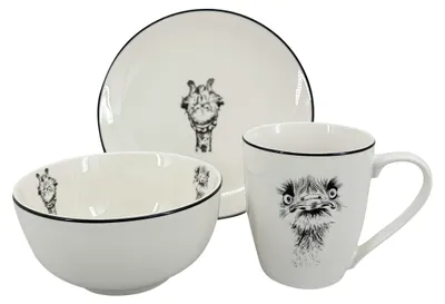 Obrázek produktu pro Snídaňový porcelánový set Afrika (hrnek, miska, talíř), černá linka