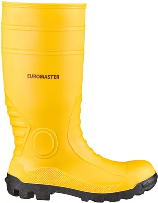 A yellow PVC boot with a black sole.