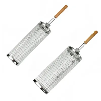 Two stainless steel rolling grill baskets with wooden handles are shown against a white background.