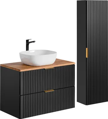 Produktbild von Waschtisch und Hängesäule 80.6cm Adriel mit 2 Schubladen, Schwarz