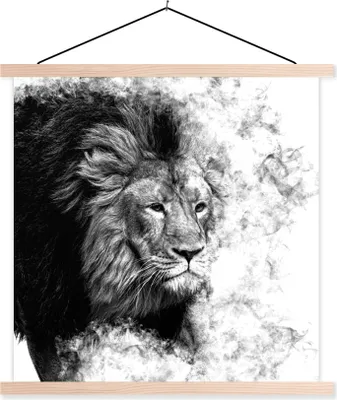 Produktbild von MuchoWow® Textilposter Löwe - Rauch - Tiere - Schwarz - Weiß 40x40 cm mit holzfarbenen Rahmen - Posterleiste