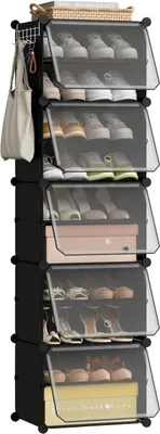 Produktbild von EUGAD Schuhboxen, Schuhregal Kunststoff, mit Haken, Tür, Schuhaufbewahrung platzsparend, 40 x 150 x 30 cm Schwarz
