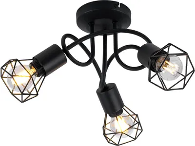 A black ceiling light with three adjustable spotlights, each with a geometric wire cage around the bulb.