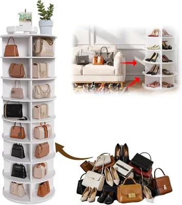 Produktbild von Drehbarer Schuhschrankturm mit 8 Ebenen, freistehendes Schuhregal mit 360°-Drehfunktion für 32 Paar Schuhe, Weiß