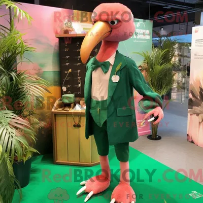 Produktbild von Maskottchen-Charakter REDBROKOLY eines waldgrünen Flamingos mit Weste und Kuriertasche