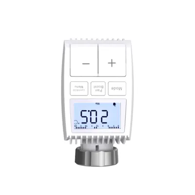A white smart thermostat for a radiator, shown from the front against a white background.