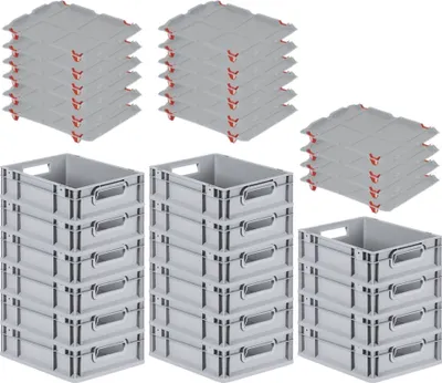 Produktbild von SuperSparSet 16x Eurobox NextGen Economy mit Auflagedeckel und 4x Schiebeschnappverschlüsse Rot | Griffe offen | HxBxT 12x30x40cm | 11 Liter | Eurobehälter, Transportbox, Transportbehälter, Stapelbehälter