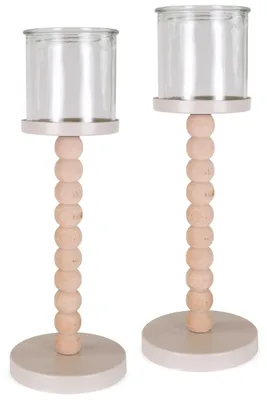 Produktbild von Teelichthalter 2er Set Holz-Metall mit Glas Natur-Beige Ø 10,5x30 cm