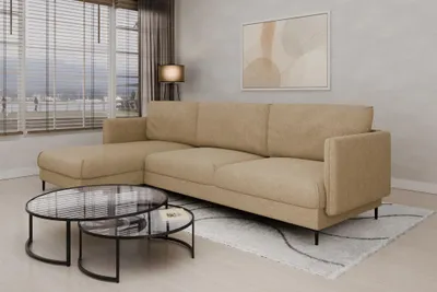 Productafbeelding van Eckbank Designersofa HELMER, bekleding Baloo, beige, met ottoman aan de linkerkant