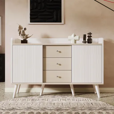 Produktbild von Merax Sideboard 117,5x39,5x79cm mit3 Schubladen, Kommode mit gestreifte Schiebetüren und erhöhte Oberkante, Viel Stauraum für Wohnzimmer, Flur und Schlafzimmer, Weiß + Holz