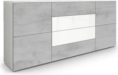 Produktbild von Vladon Sideboard Rova,  Germany, Kommode mit 4 Türen und 4 Schubladen, Weiß matt/Beton Oxid Optik/Weiß Hochglanz (166 x 72 x 35 cm)