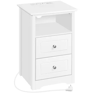 A white nightstand with two drawers and an open shelf, shown against a white background. A power cord is visible at the bottom.