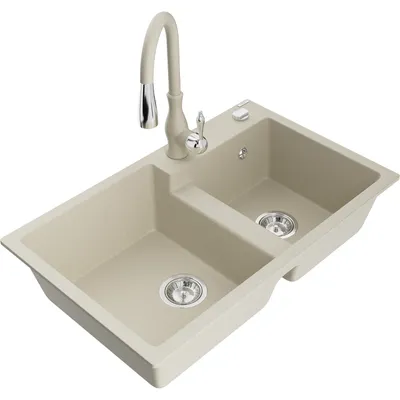 Obrázek produktu pro Mexen Tomas 2-miskový granitový dřez s kuchyňskou baterií Savita, Béžová - 6516-69-672601-69