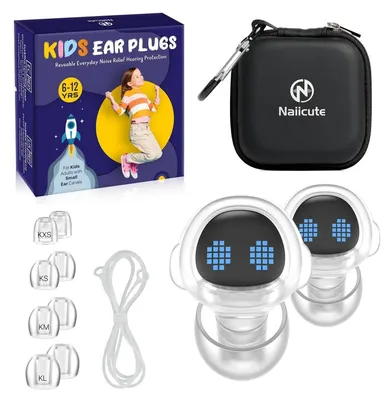 Immagine prodotto di Tappi per le orecchie per bambini, protezione dell'udito, riduzione del rumore, 4 misure, 26 dB, riutilizzabili, con cordino e custodia