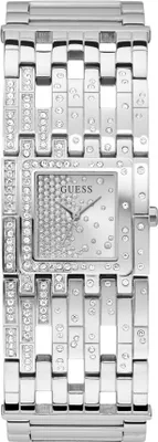 A close-up studio shot of a silver Guess watch with diamond accents.