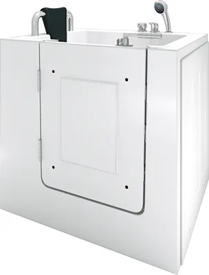 A white walk-in bathtub with a door and a shower head.