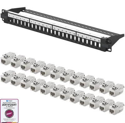 Produktbild von hb-digital Patchpanel 19 zoll 24-Port mit CAT 6a RJ45 Keystone Module schwarz 1HE