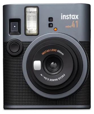 A front view of a gray and black Instax Mini 41 instant camera.