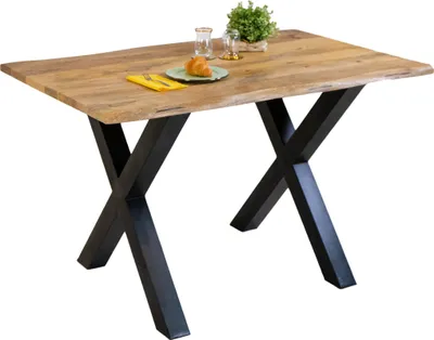 Produktbild von Esstisch Baumkante Massiv Mango naturfarben 120 x 80 schwarz X-Gestell Tiger