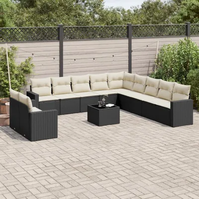 Produktbild von Design 12-tlg. Garten-Sofagarnitur mit Kissen Schwarz Poly Rattan, Gartenmöbel-Sets 2024 Neu