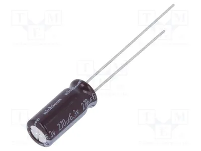 Imagen del producto de 10 condensadores: electrolíticos, para montaje en placa, baja impedancia, 270µF, 6,3VDC, modelo UPM0J271MED