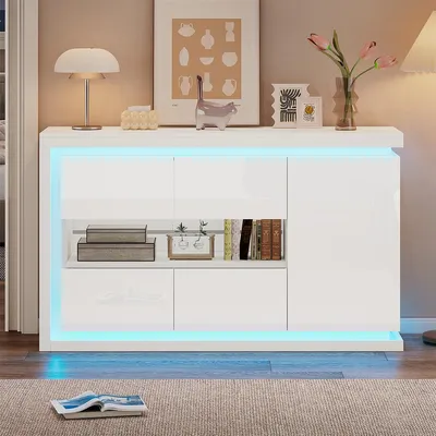 Produktbild von Sideboard mit LED-Lichtleiste und Türen aus gehärtetem Glas Aufbewahrungsschrank Kommode 140*40*84cm