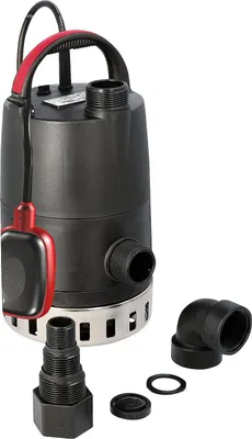 A submersible pump with accessories, photographed against a white background.