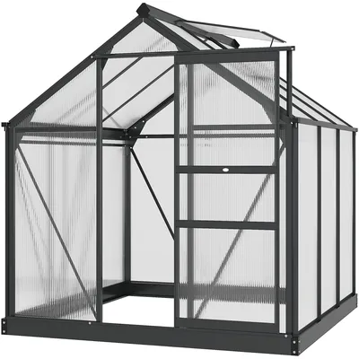 Image de Outsunny Serre de jardin polycarbonate 3,65 m² serre en aluminium pour le jardin 190 x 192 x 201 cm résistant aux UV, avec fondation renforcé, gouttière, lucarne et porte coulissant, Gris