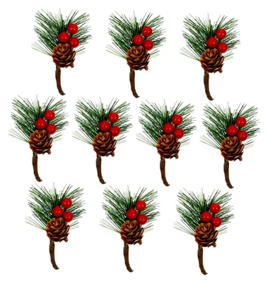 Produktbild von 10 Stück Weihnachtsbaumdekorationen mit künstlichen Beeren, Tannennadeln und Zapfen