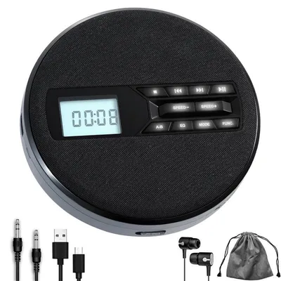 Produktbild von ZELURXX Tragbarer CD-Player mit Bluetooth, MP3/WMA, CD-R/RW, 1500 mAh Akku, Stereo-Lautsprechern, AUX und A-B-Wiederholung, Schwarz