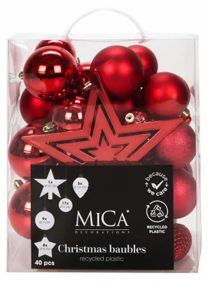Produktbild von 40-teiliges Weihnachtsschmuck Set, Christbaumkugeln Ø 6+7 cm (Glänzend, Matt, Gefrostet), Sterne, Zapfen & Baumspitzenstern, in rot