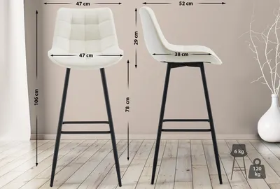 Two bar stools are shown with dimensions and weight capacity indicated by text overlays.