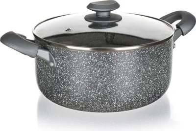 A studio shot of a cooking pot with a lid.