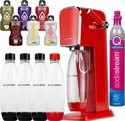 A collection of SodaStream products including a red SodaStream Art machine, several flavor bottles, and reusable water bottles.