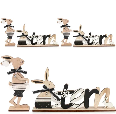 Produktbild von COM-FOUR® 3x 2-teiliges Set Oster-Deko aus Holz - mit Schriftzug und Osterhase