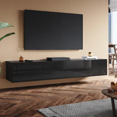 Zdjęcie produktu dla SONNI Szafka pod TV czarna drewniana wisząca wysoki połysk 180 x 40 x 30 cm Naścienna, podłogowa Niska szafka