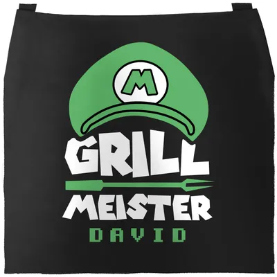 Produktbild von Grill-Schürze für Männer mit Name Grillmeister Super-Griller Parodie Videospiel-Figur lustig Moonworks® Super Grün schwarz Herren