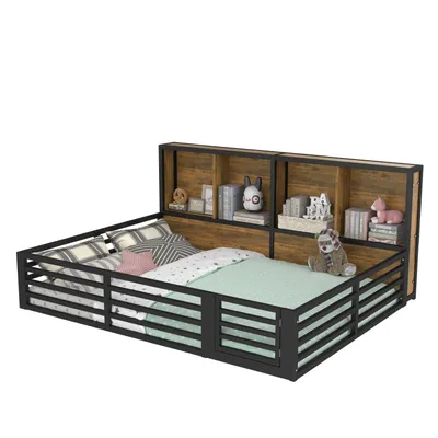 Produktbild von Zaunbett, 140 x 200cm, Daybett, Plattform,Bettseite mit Staufach, Bett mit Lattenrost ( Ohne Matratze), Brüstung,Metall, Schwarz