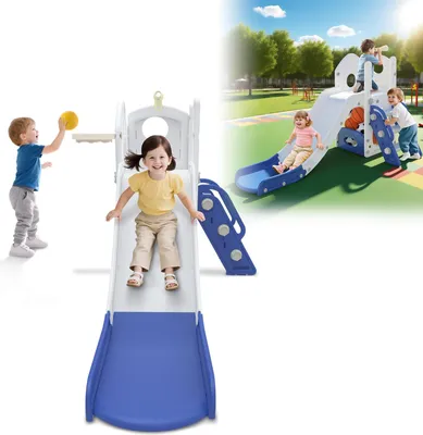 Produktbild von YARDIN Freistehende Kinderrutsche mit Versteck und Basketballkorb – Indoor & Outdoor Spielplatz-Set, Babyrutsche aus HDPE + PP Kunststoff, Blau-Weiß, 141x154x86 cm, bis 50 kg