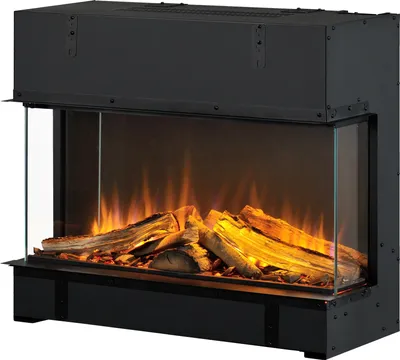 A black electric fireplace with glass panels showing a realistic flame and log effect.
