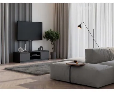 Image de Meuble bas avec 2 portes, 2 étagères, meuble TV, meuble de télévision de 140 cm de long, table basse pour télévision, meuble de salon/chambre, avec passe-câbles, couleur noire, dimensions : 40 x 140 x 36 cm